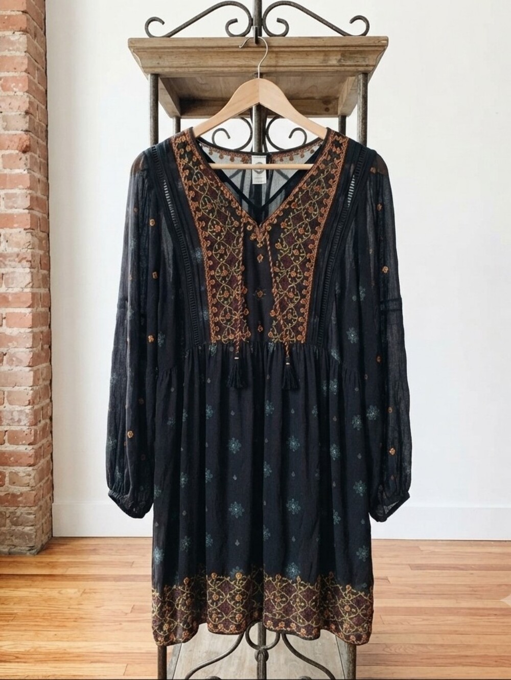 Bohemian Embroidered V-Neck Mini Dress - Black with Gold & Brown Accents
